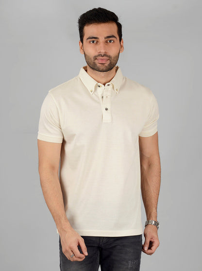 Cream Solid Slim Fit Polo T-Shirt | JB Sport