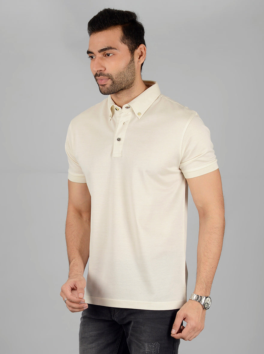 Cream Solid Slim Fit Polo T-Shirt | JB Sport