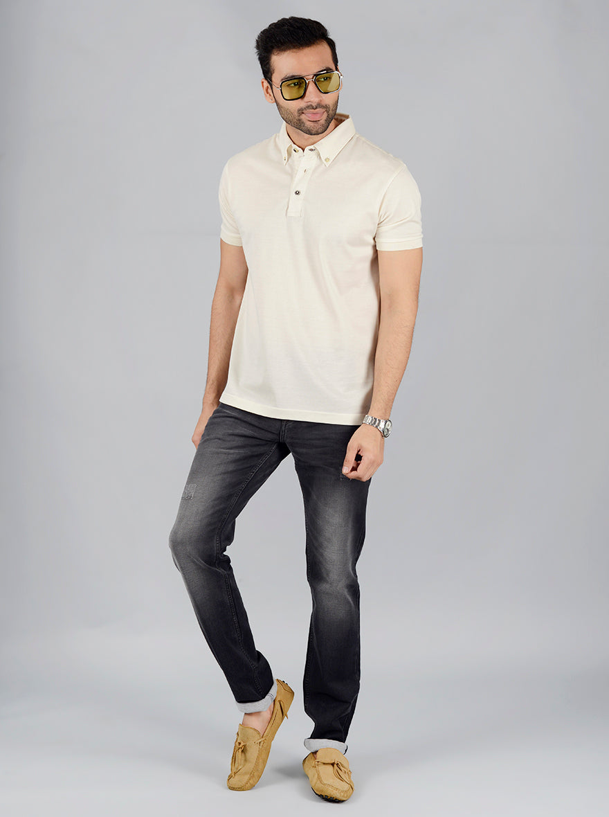 Cream Solid Slim Fit Polo T-Shirt | JB Sport