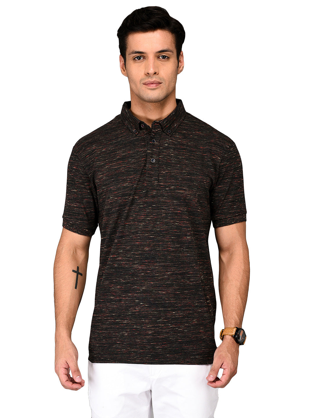 Black & Maroon Self Textured Slim Fit Polo T-Shirt | JB Sport