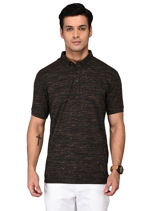 Black & Maroon Self Textured Slim Fit Polo T-Shirt | JB Sport