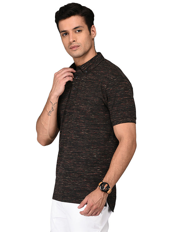 Black & Maroon Self Textured Slim Fit Polo T-Shirt | JB Sport