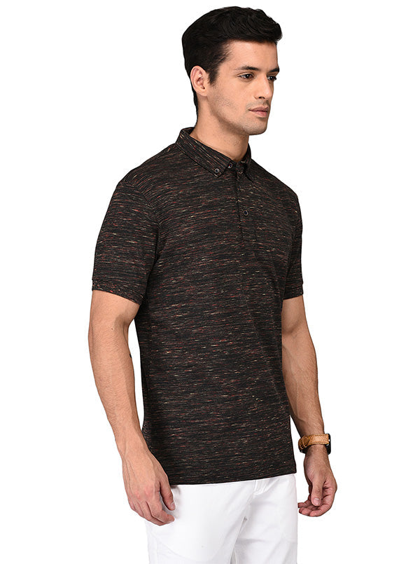 Black & Maroon Self Textured Slim Fit Polo T-Shirt | JB Sport