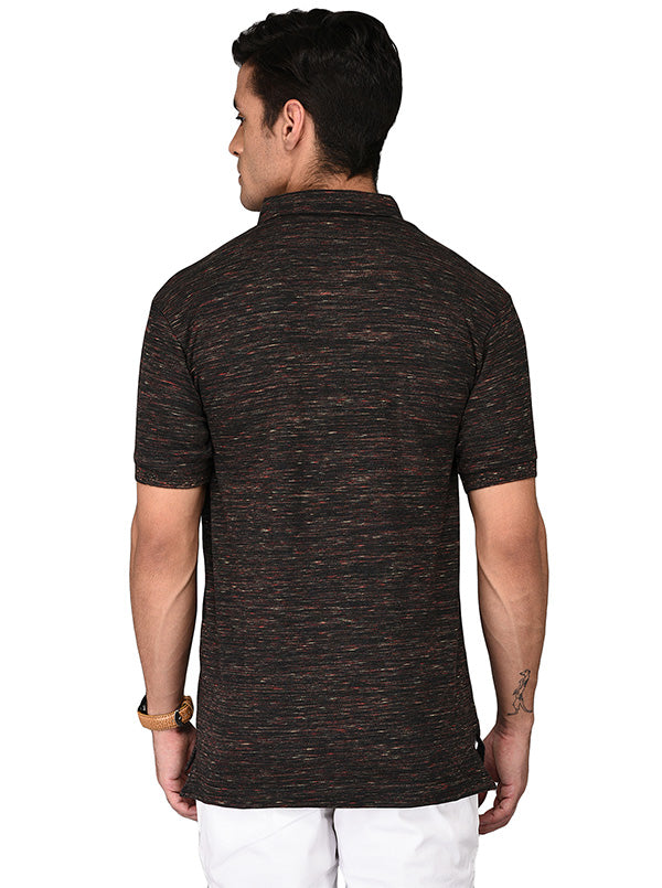 Black & Maroon Self Textured Slim Fit Polo T-Shirt | JB Sport