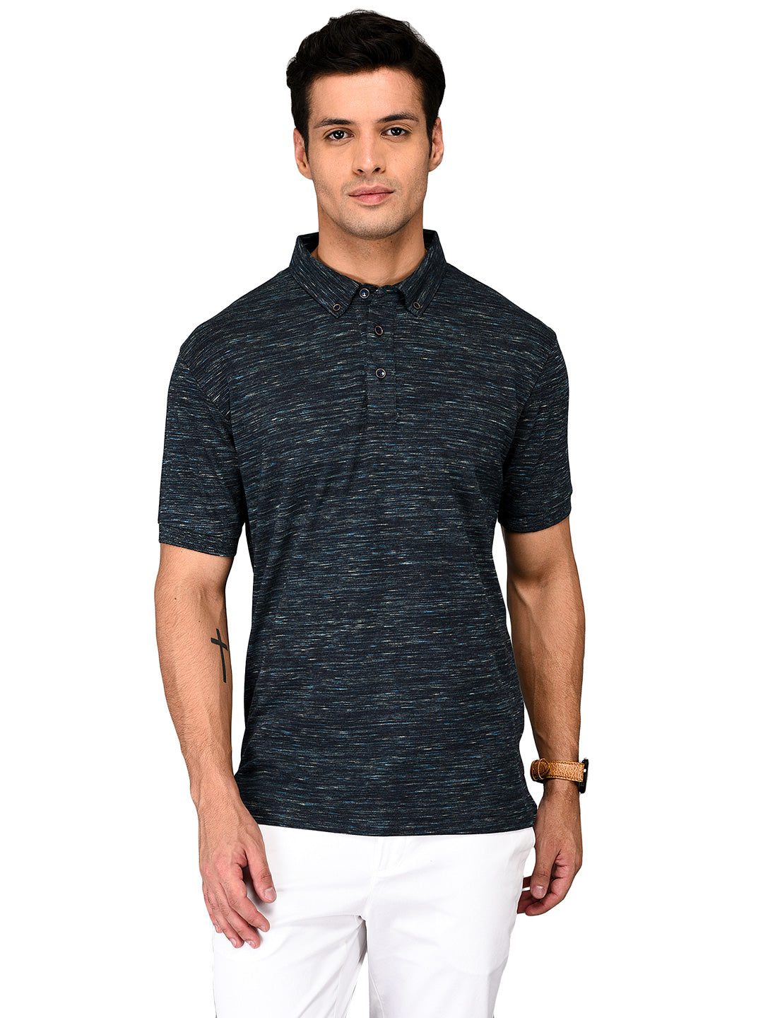 Black & Blue Self-Textured Slim Fit Polo T-shirt | JB Sport