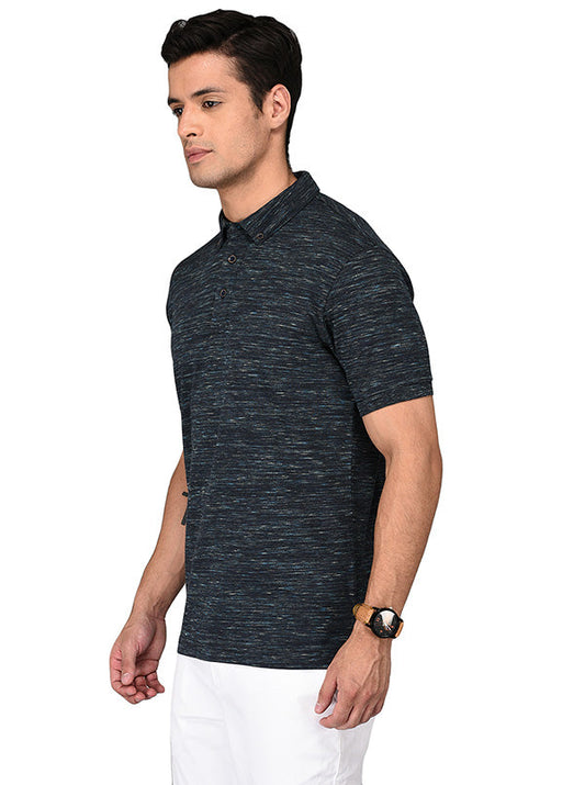 Black & Blue Self-Textured Slim Fit Polo T-shirt | JB Sport