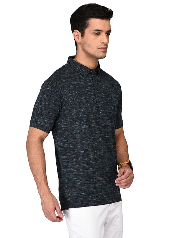 Black & Blue Self-Textured Slim Fit Polo T-shirt | JB Sport