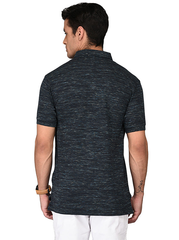 Black & Blue Self-Textured Slim Fit Polo T-shirt | JB Sport