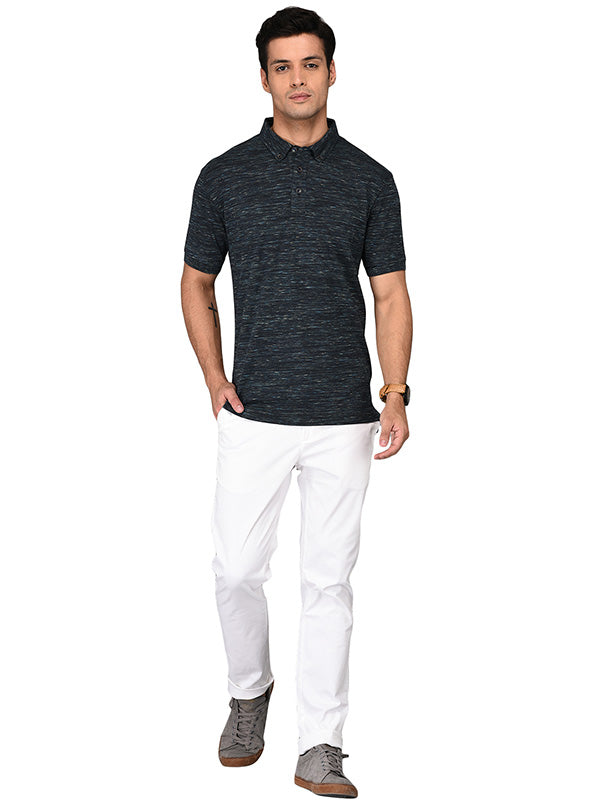 Black & Blue Self-Textured Slim Fit Polo T-shirt | JB Sport