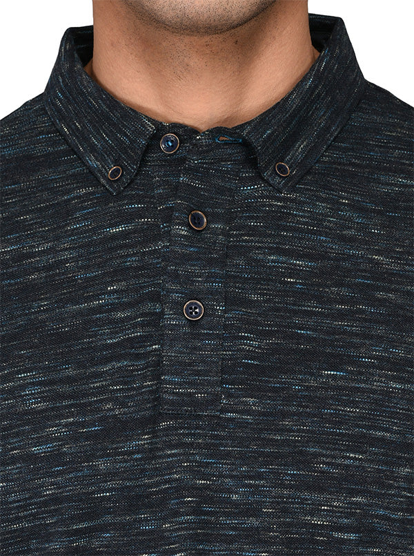 Black & Blue Self-Textured Slim Fit Polo T-shirt | JB Sport