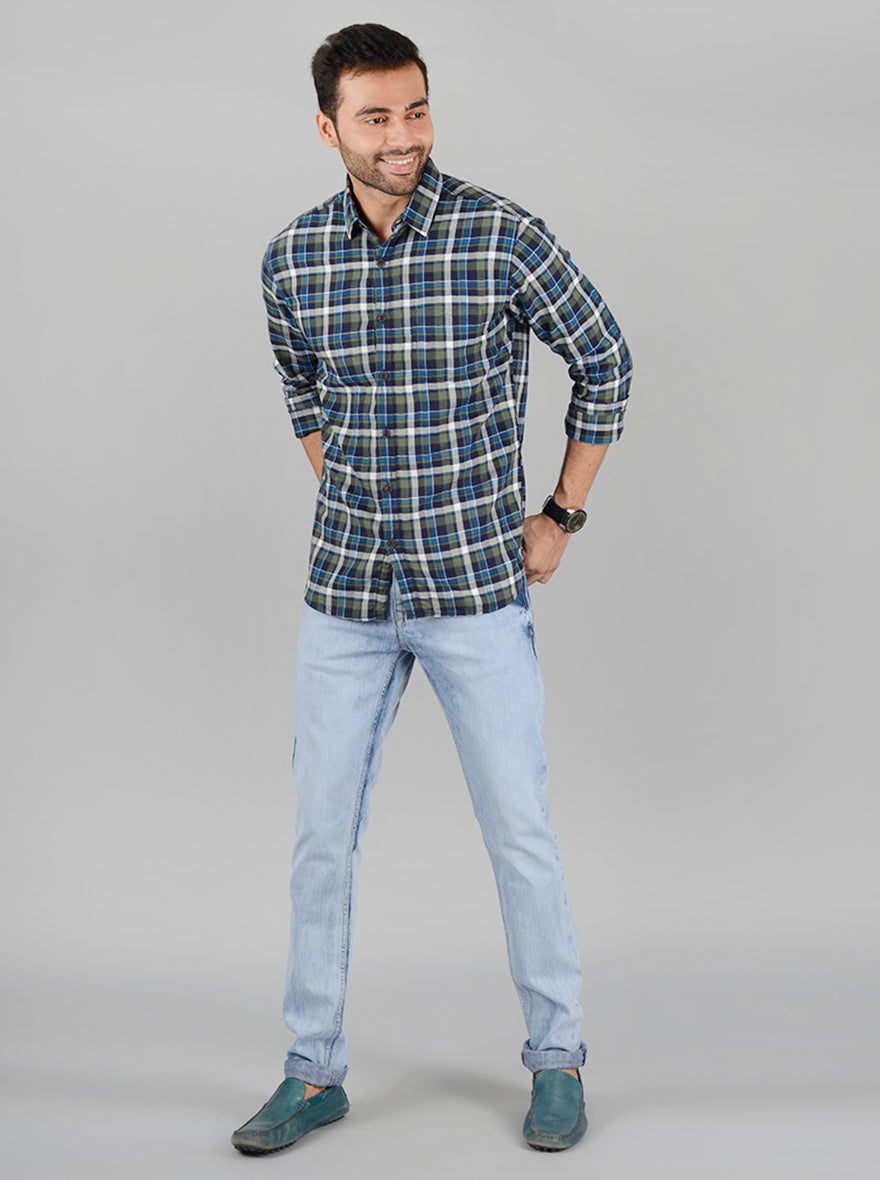 Olive and Blue Checked Slim Fit Casual Shirt | Greenfibre