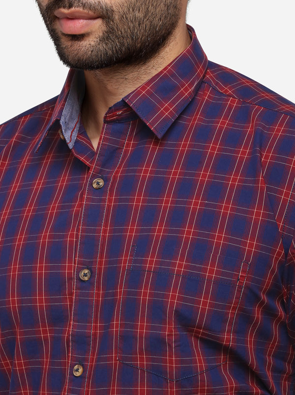 Red & Blue Tailored Fit Checked Casual Shirt | JB Sport
