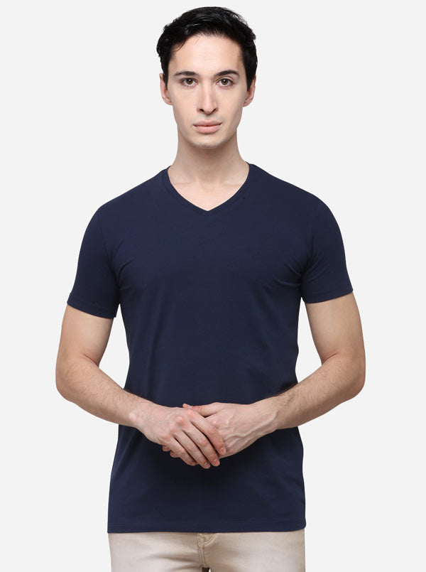 Navy Blue Slim Fit Solid T-Shirt | JB Sport