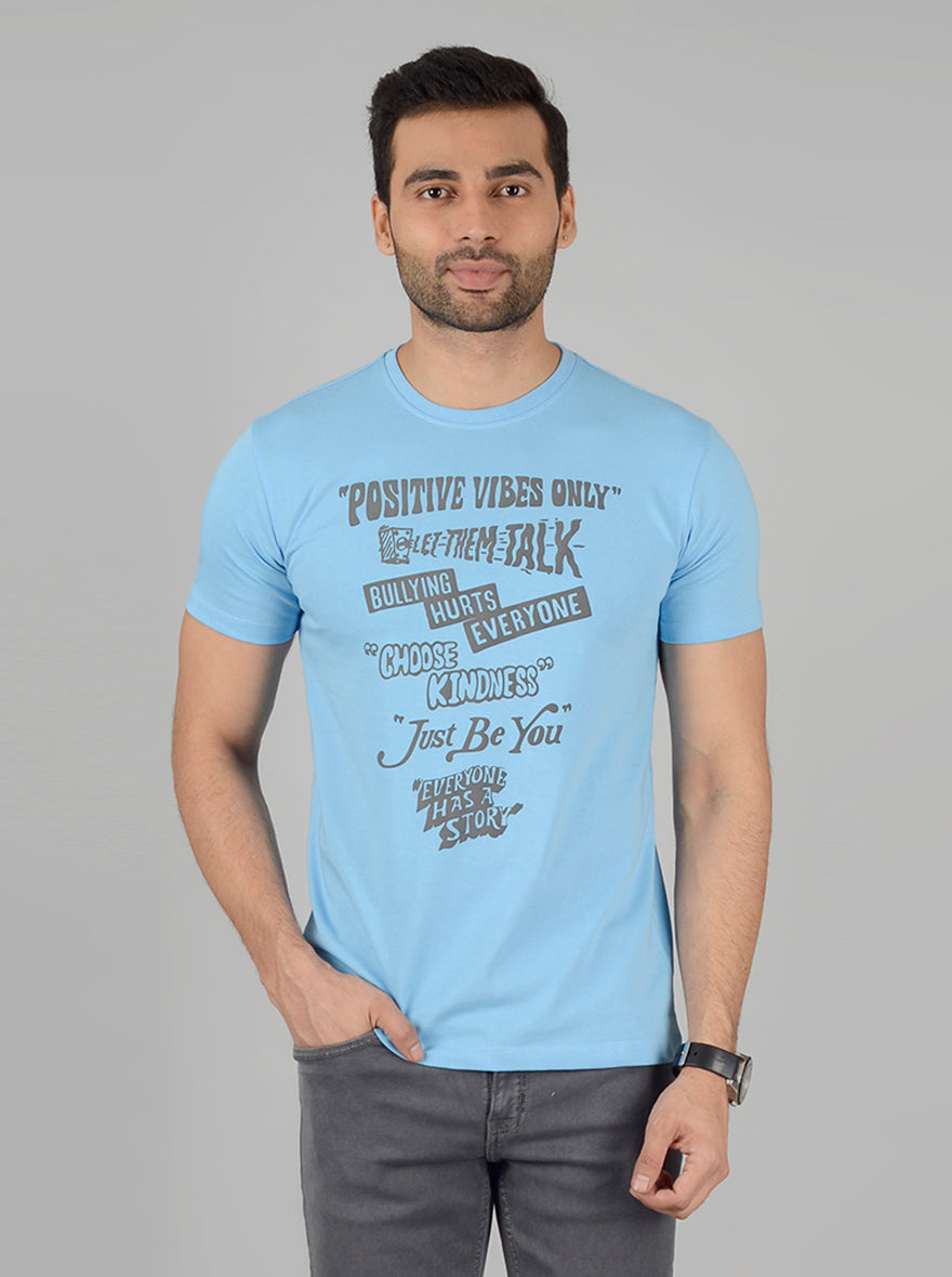 Sky Blue Printed Slim Fit T-Shirt | Greenfibre