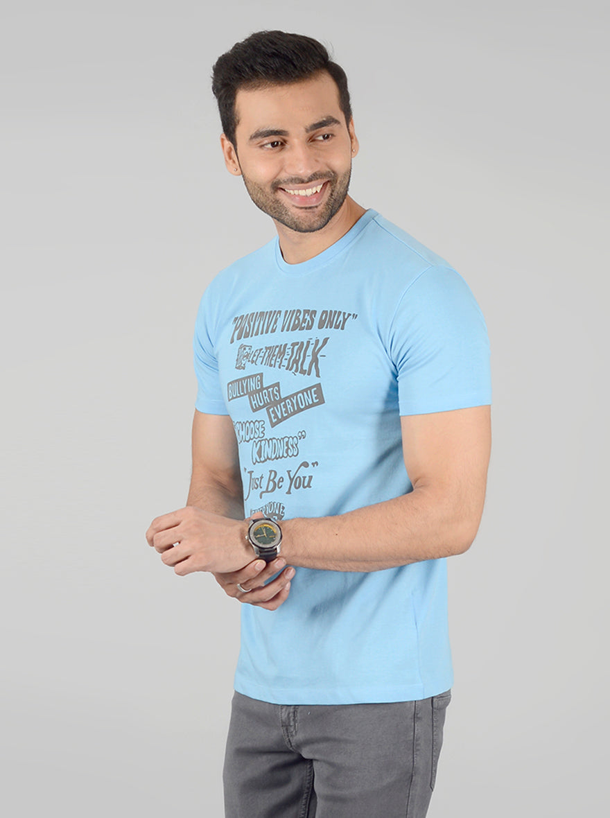 Sky Blue Printed Slim Fit T-Shirt | Greenfibre