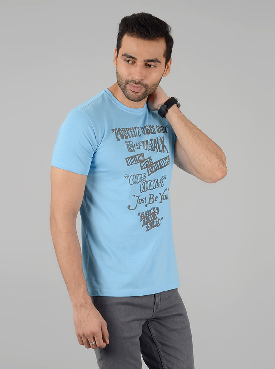 Sky Blue Printed Slim Fit T-Shirt | Greenfibre