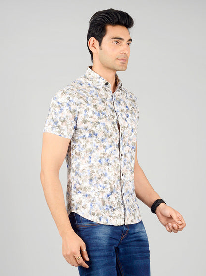 Cream & Blue Printed Slim Fit Casual Shirt | Greenfibre