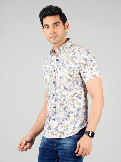 Cream & Blue Printed Slim Fit Casual Shirt | Greenfibre