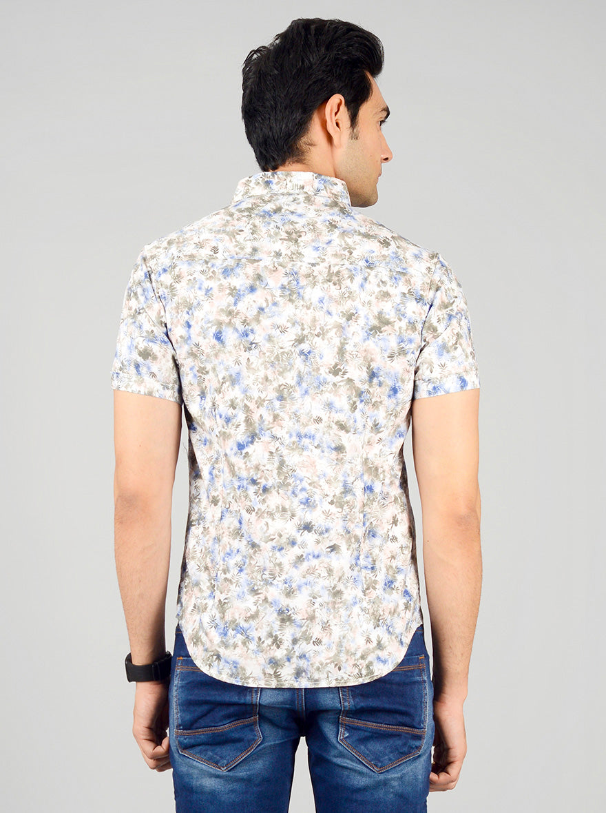 Cream & Blue Printed Slim Fit Casual Shirt | Greenfibre