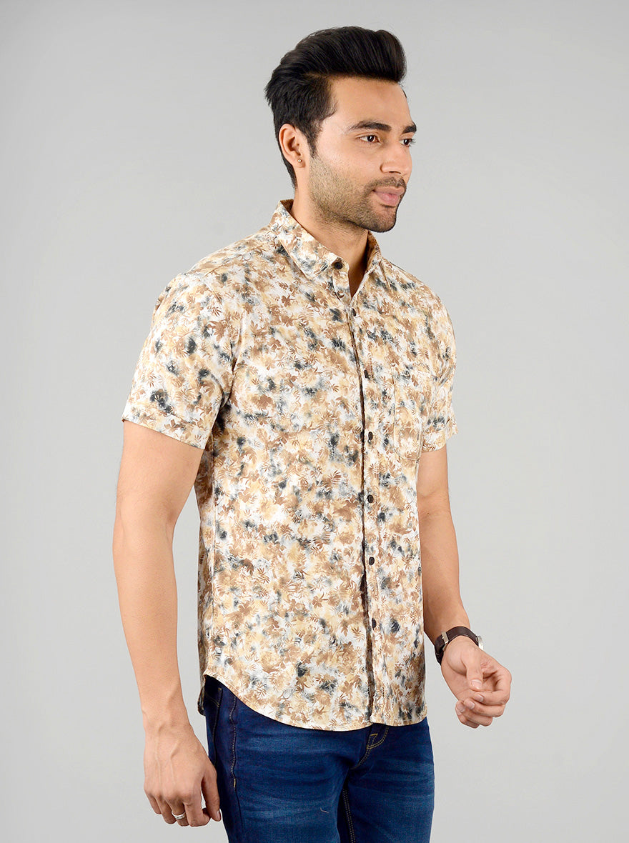 Yellow & Brown Printed Slim Fit Casual Shirt | Greenfibre