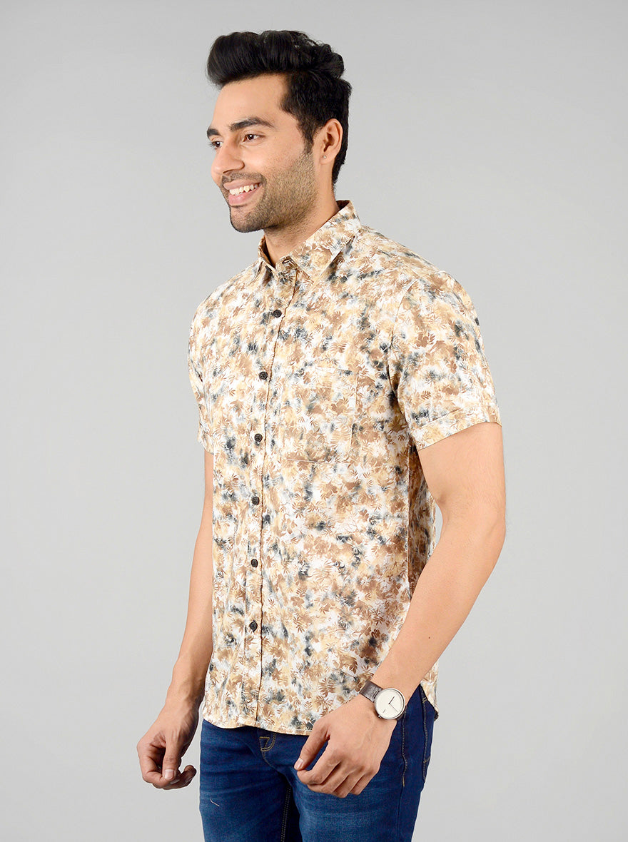 Yellow & Brown Printed Slim Fit Casual Shirt | Greenfibre