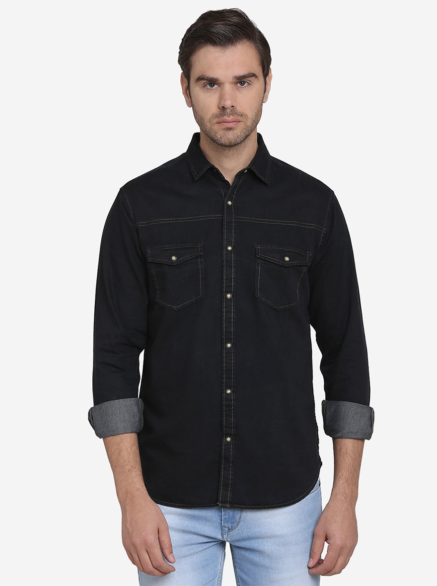 Dark Blue Solid Slim Fit Casual Shirt  | Greenfibre