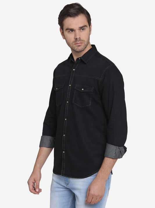 Dark Blue Solid Slim Fit Casual Shirt  | Greenfibre