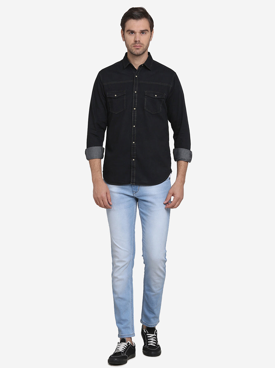 Dark Blue Solid Slim Fit Casual Shirt  | Greenfibre