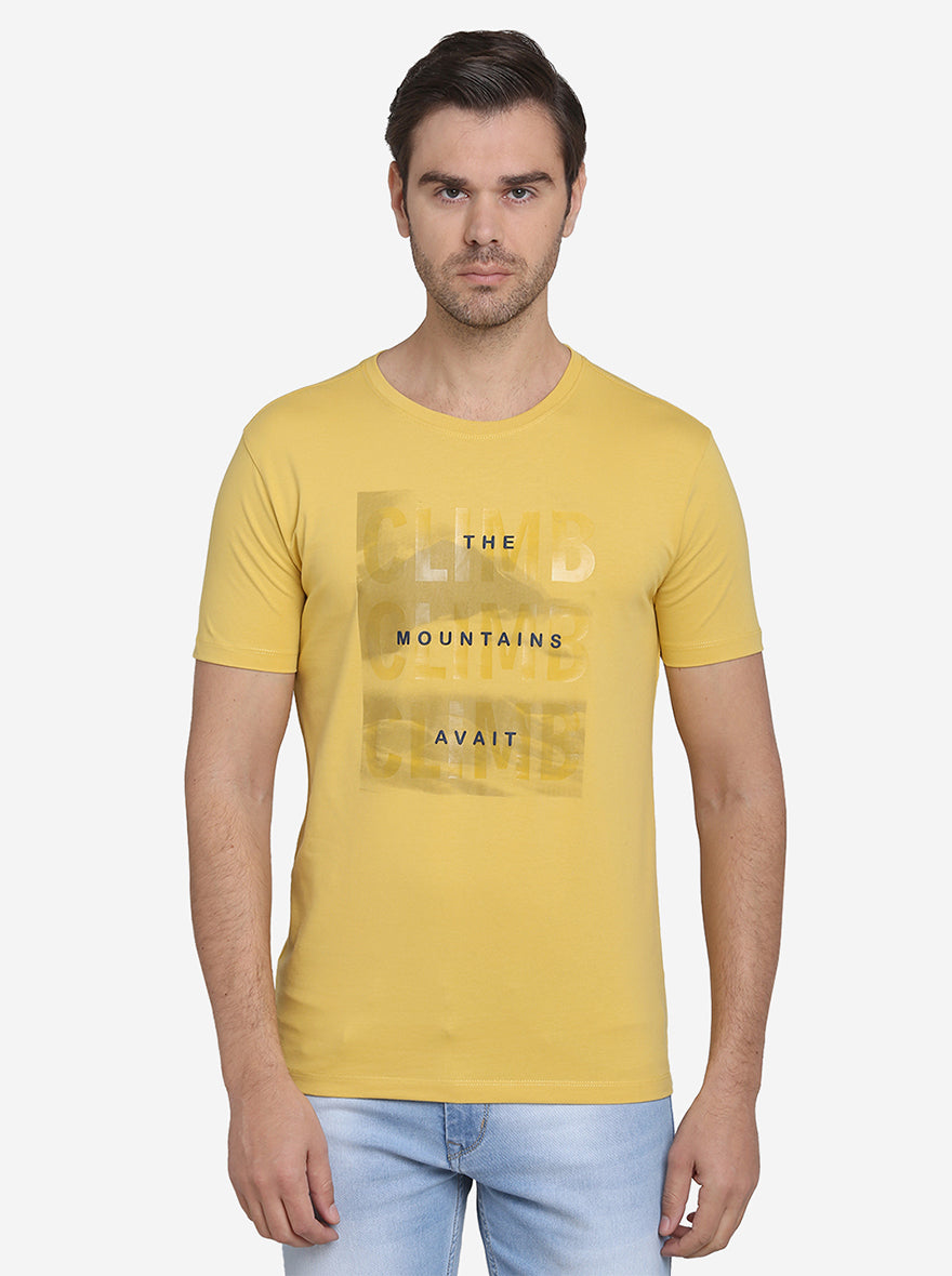 Mustard Yellow Printed Slim Fit T-Shirt  | JadeBlue Sport