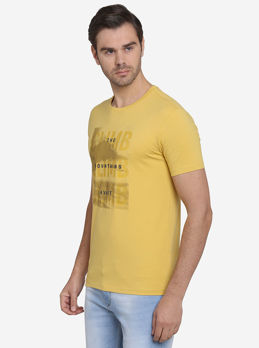 Mustard Yellow Printed Slim Fit T-Shirt  | JadeBlue Sport