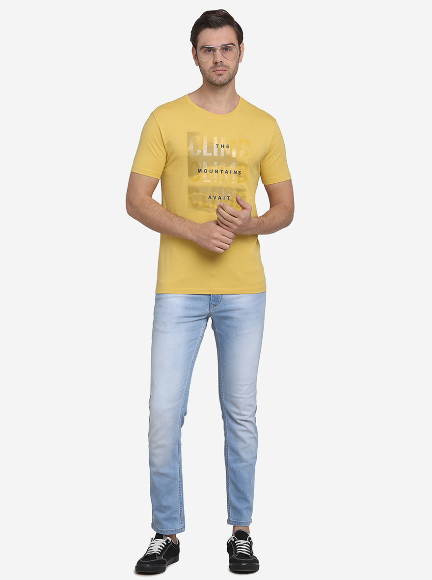 Mustard Yellow Printed Slim Fit T-Shirt  | JadeBlue Sport