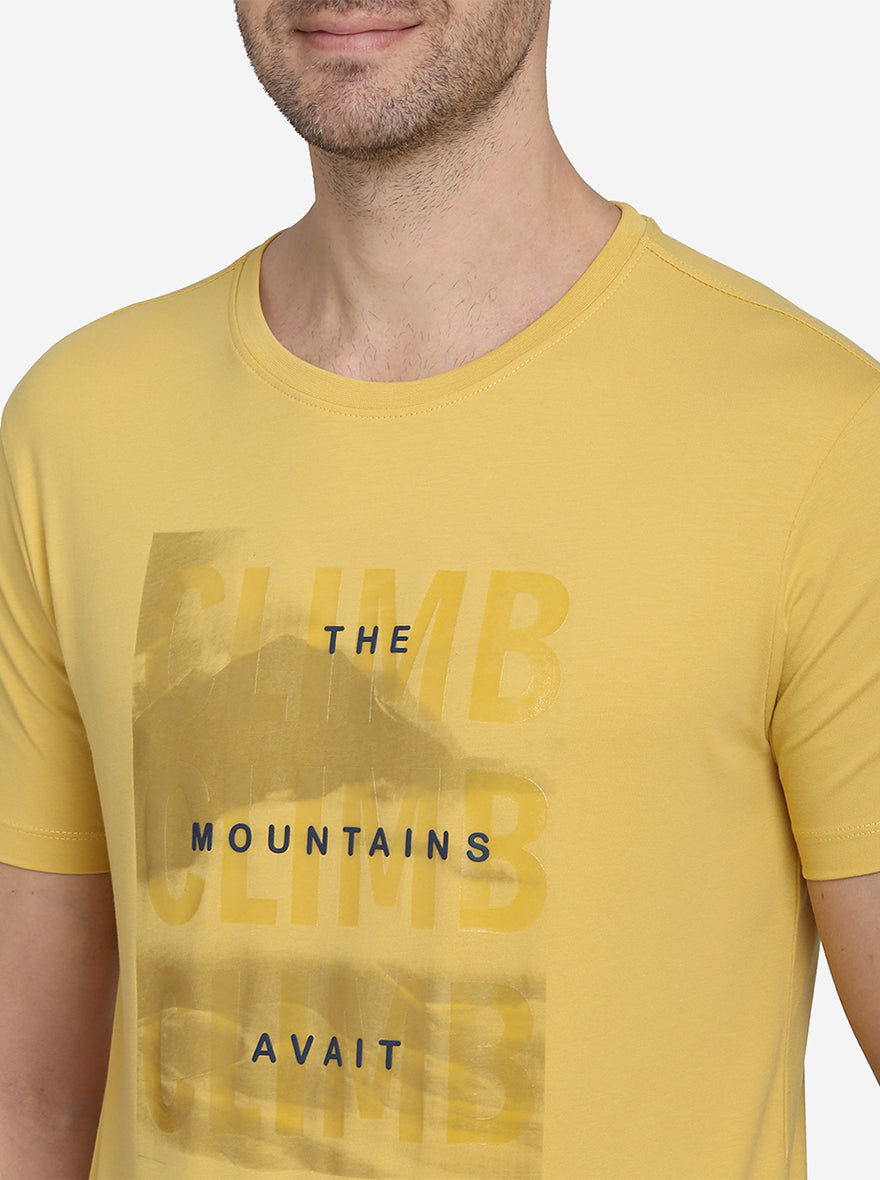 Mustard Yellow Printed Slim Fit T-Shirt  | JadeBlue Sport