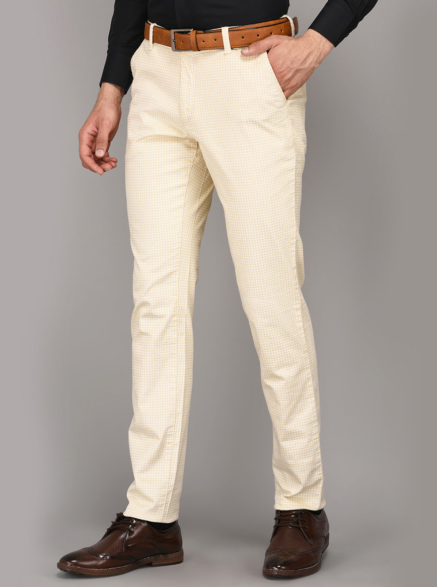 Beige Chequered Slim Fit Formal Trouser