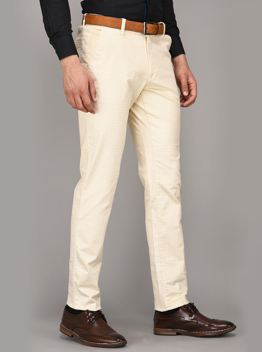 Beige Chequered Slim Fit Formal Trouser