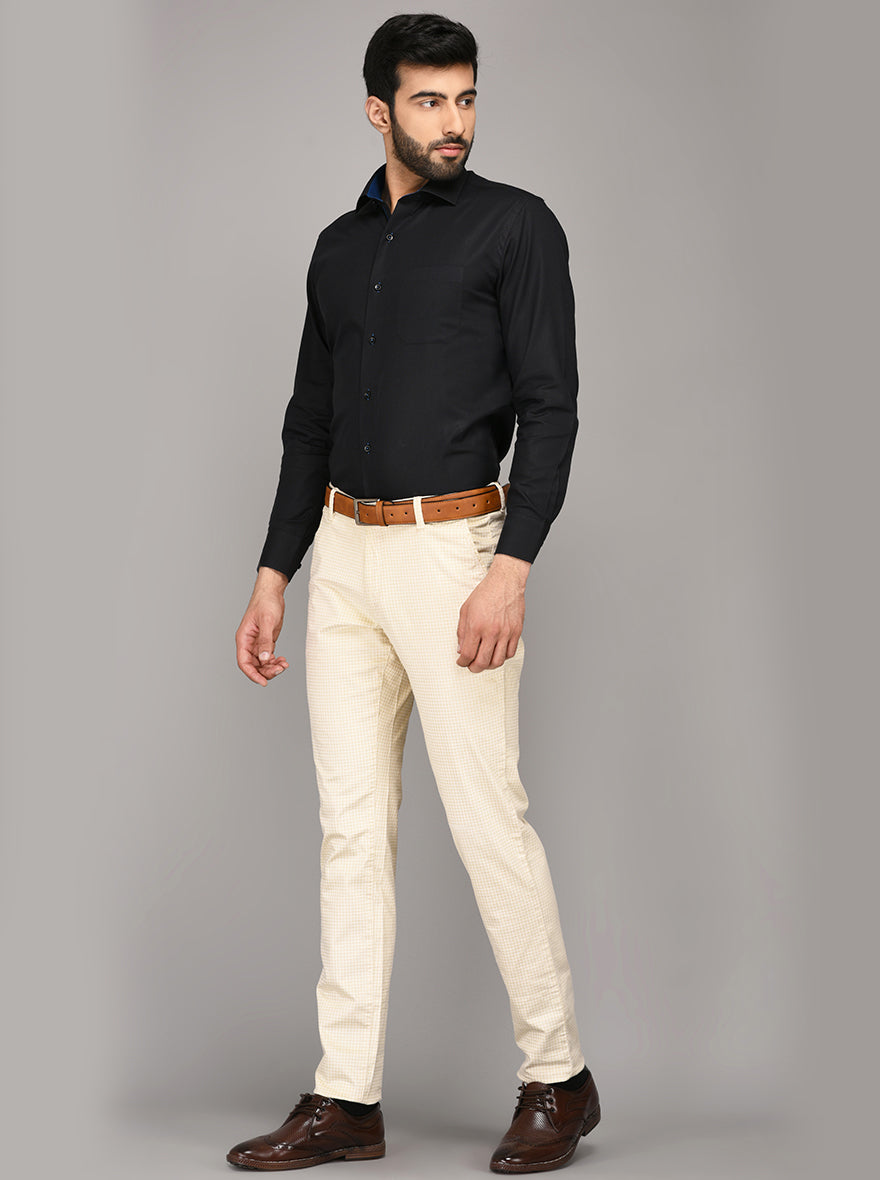 Beige Chequered Slim Fit Formal Trouser