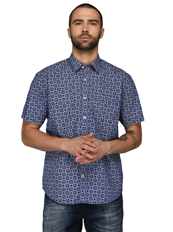 Greenfibre Navy Blue Printed Regular Fit Casual Shirt