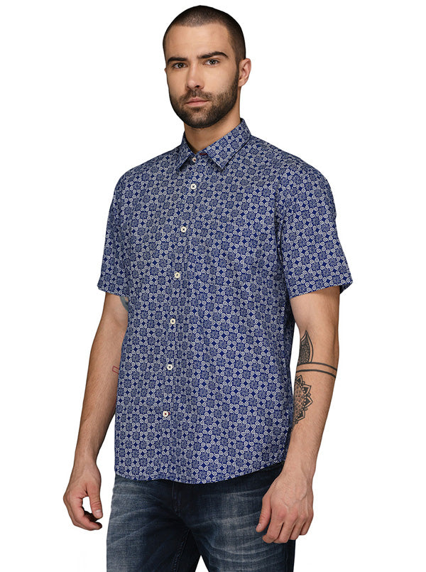 Greenfibre Navy Blue Printed Regular Fit Casual Shirt