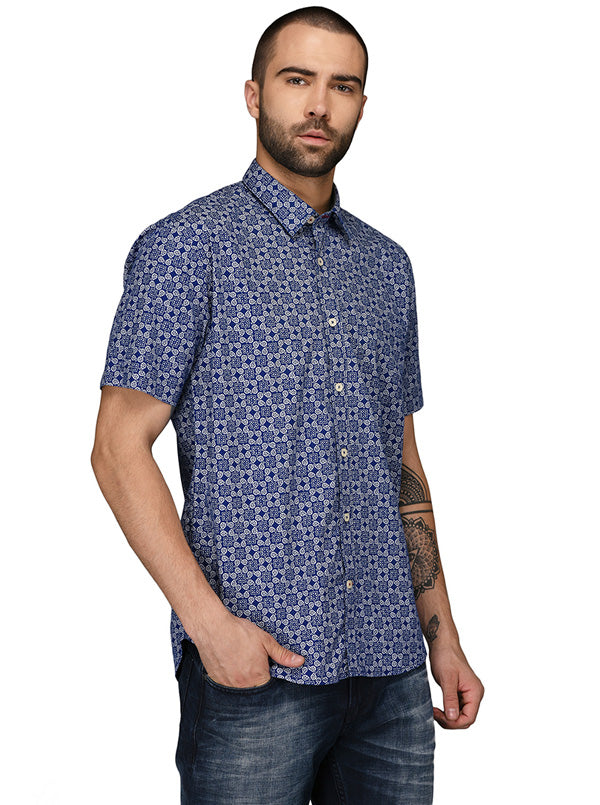 Greenfibre Navy Blue Printed Regular Fit Casual Shirt