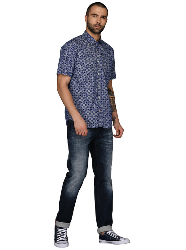 Greenfibre Navy Blue Printed Regular Fit Casual Shirt