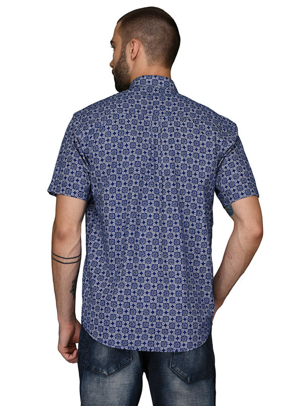 Greenfibre Navy Blue Printed Regular Fit Casual Shirt