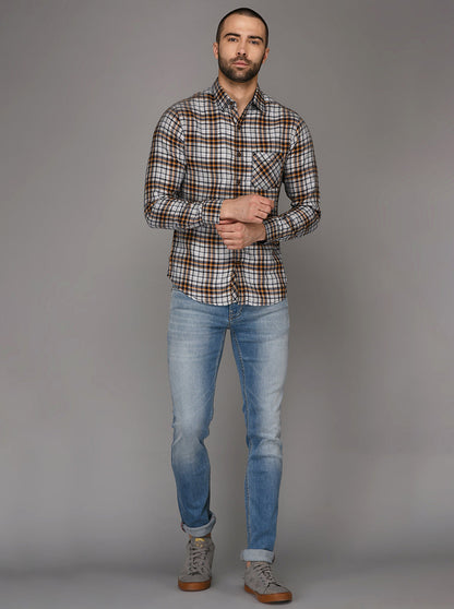 Greenfibre Light Grey & Brown Checked Slim Fit Casual Shirt