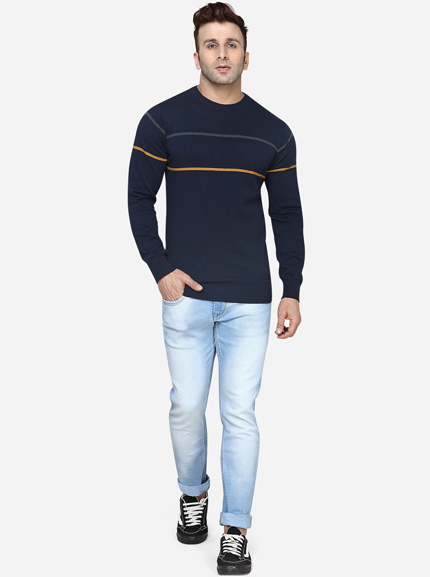 Dark Blue Striped Slim Fit T-Shirt | JadeBlue Sport