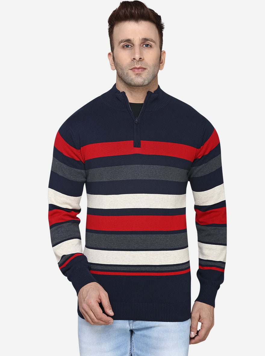 Navy Blue & Red Striped Slim Fit T-Shirt | JadeBlue Sport