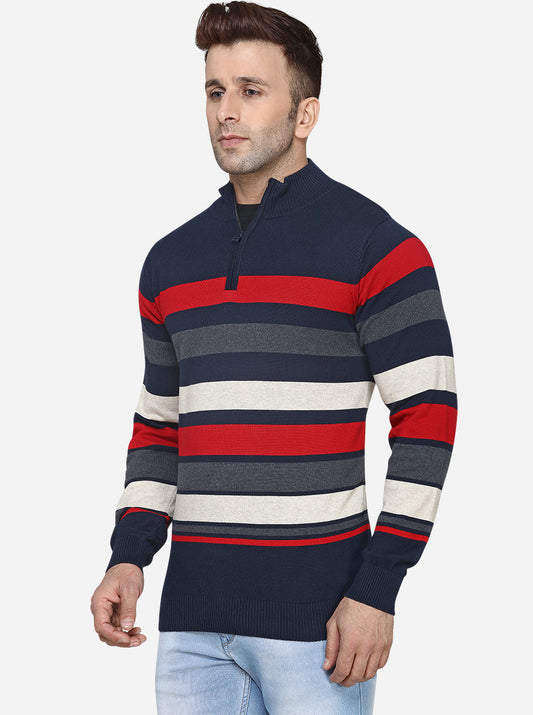 Navy Blue & Red Striped Slim Fit T-Shirt | JadeBlue Sport