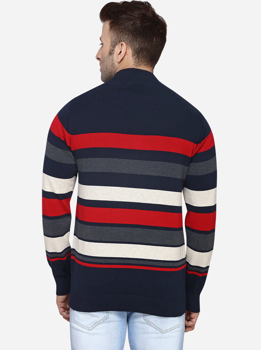 Navy Blue & Red Striped Slim Fit T-Shirt | JadeBlue Sport