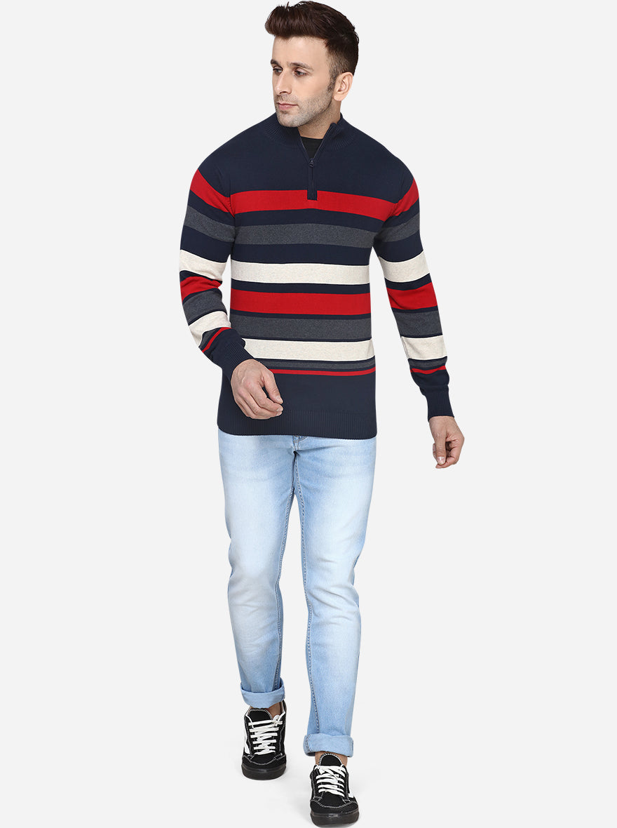 Navy Blue & Red Striped Slim Fit T-Shirt | JadeBlue Sport