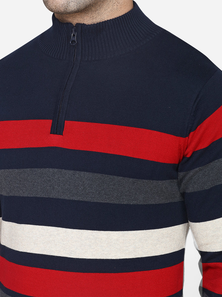 Navy Blue & Red Striped Slim Fit T-Shirt | JadeBlue Sport