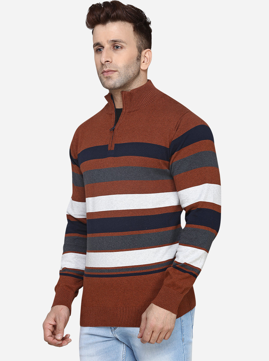 Navy Blue & Brown Striped Slim Fit T-Shirt | JadeBlue Sport