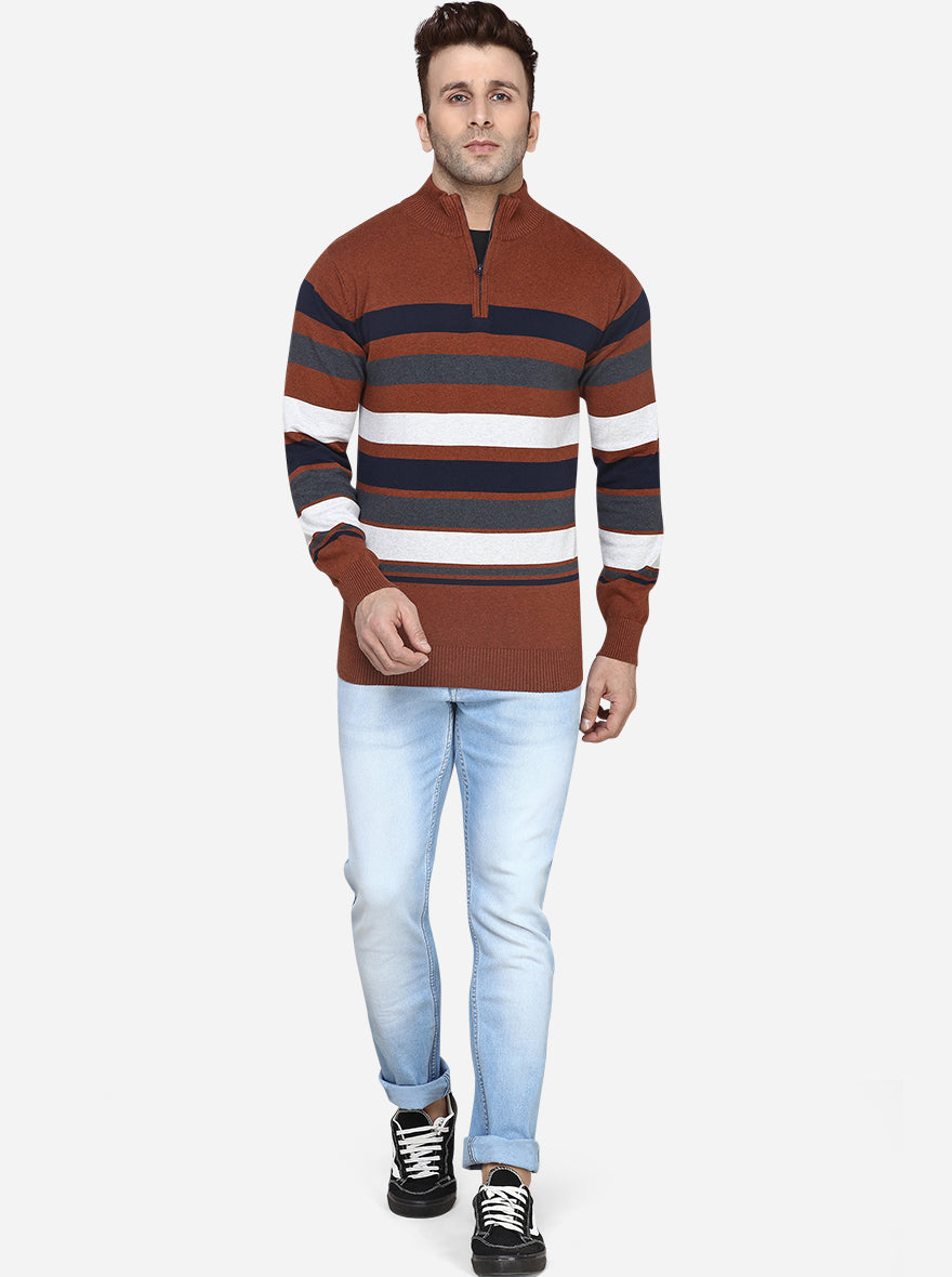 Navy Blue & Brown Striped Slim Fit T-Shirt | JadeBlue Sport