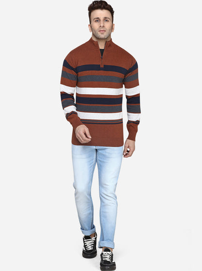 Navy Blue & Brown Striped Slim Fit T-Shirt | JadeBlue Sport